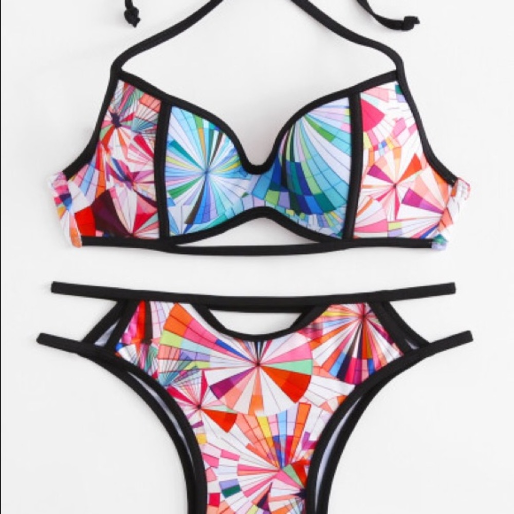 Bikini Geometric Multicolor Side Print Side Cut Out Size M NWT